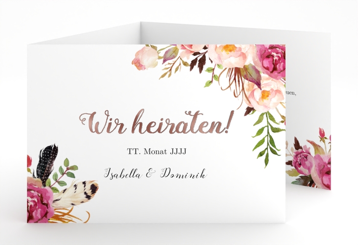 Hochzeitseinladung Flowers A6 Doppel-Klappkarte weiss rosegold mit bunten Aquarell-Blumen