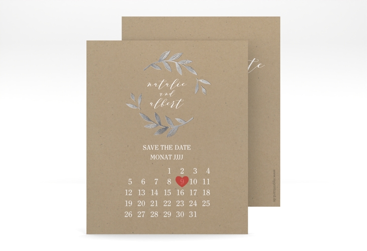 Save the Date-Kalenderblatt Naturelove Kalenderblatt-Karte weiss silber in Kraftpapier-Optik mit Blätterkranz