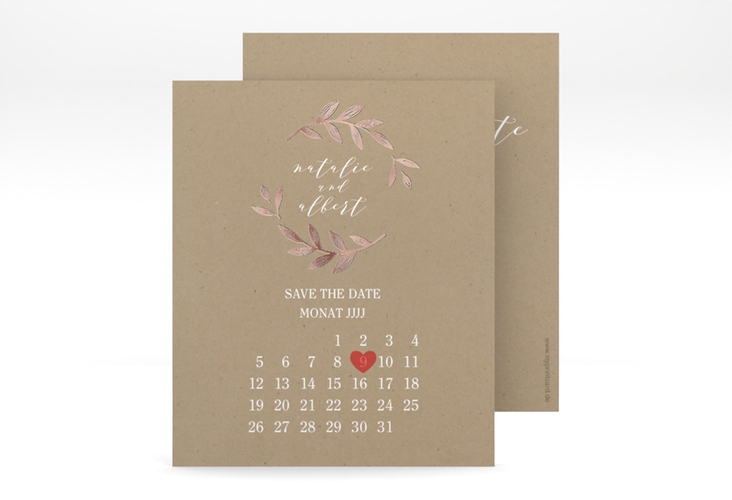 Save the Date-Kalenderblatt Naturelove Kalenderblatt-Karte weiss rosegold in Kraftpapier-Optik mit Blätterkranz