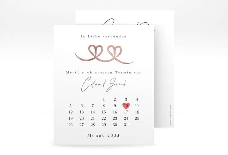 Save the Date-Kalenderblatt Doppelherz Schleife Kalenderblatt-Karte gruen rosegold mit Folie