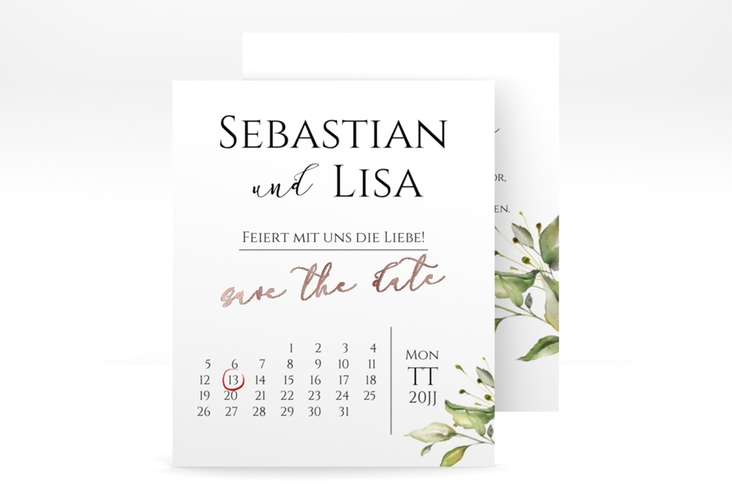 Save the Date-Kalenderblatt Leaves Kalenderblatt-Karte weiss rosegold