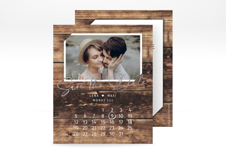 Save the Date-Kalenderblatt Rustic Kalenderblatt-Karte braun silber