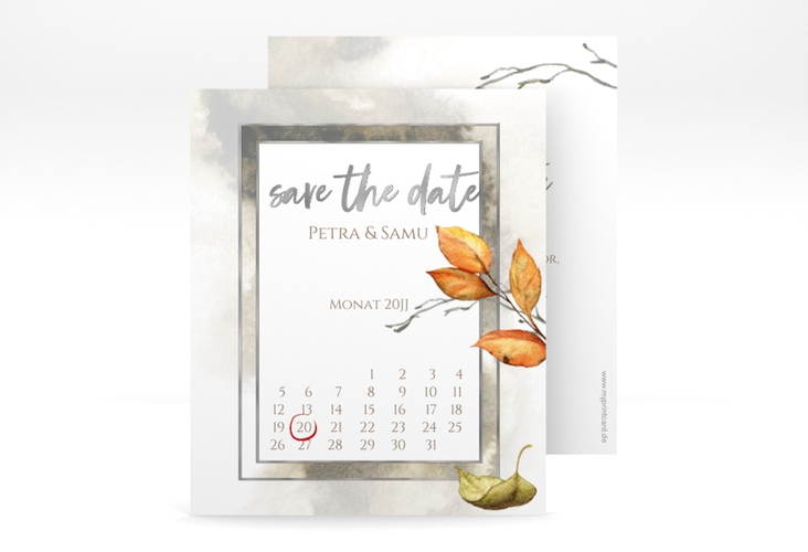 Save the Date-Kalenderblatt Herbst Kalenderblatt-Karte braun silber mit orangefarbigem Herbstlaub in Aquarell