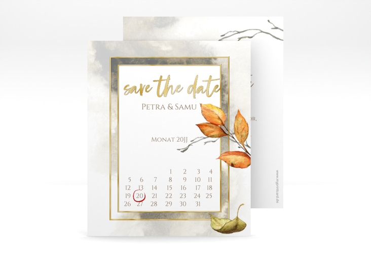 Save the Date-Kalenderblatt Herbst Kalenderblatt-Karte braun gold mit orangefarbigem Herbstlaub in Aquarell