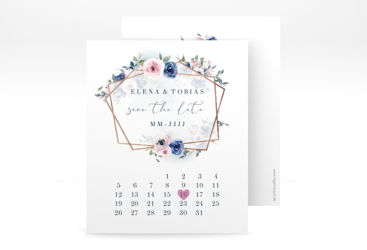 Save the Date-Kalenderblatt Dustyblue Kalenderblatt-Karte weiss rosegold