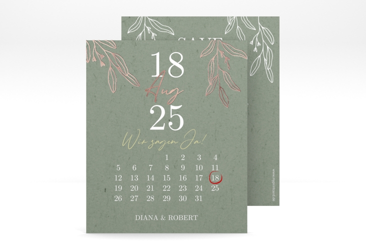 Save the Date-Kalenderblatt Greendate Kalenderblatt-Karte gruen rosegold im Greenery-Design mit Holz, Eukalyptus und Immergrün