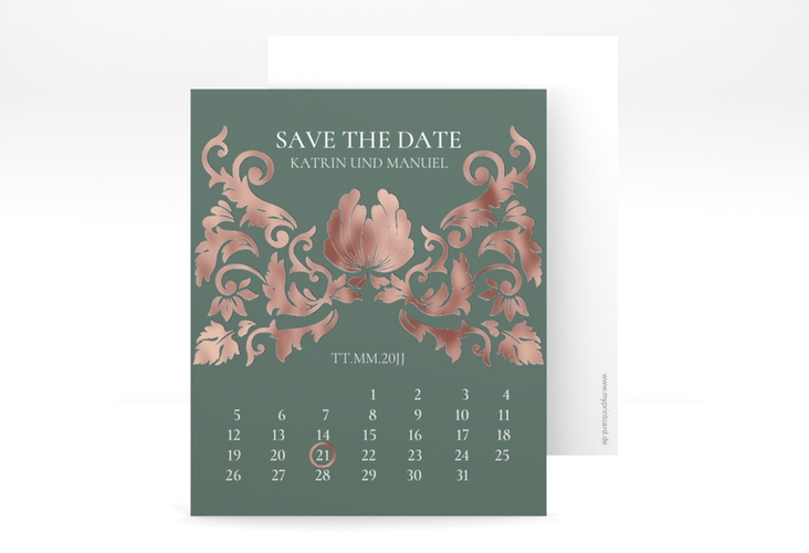 Save the Date-Kalenderblatt Royal Kalenderblatt-Karte gruen rosegold mit barockem Blumen-Ornament