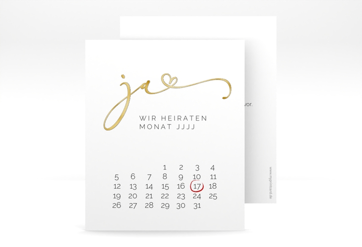 Save the Date-Kalenderblatt Jawort Kalenderblatt-Karte weiss gold modern minimalistisch mit veredelter Aufschrift