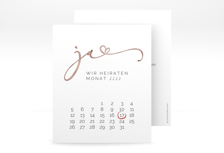 Save the Date-Kalenderblatt Jawort Kalenderblatt-Karte weiss rosegold modern minimalistisch mit veredelter Aufschrift