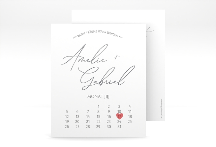 Save the Date-Kalenderblatt Federschrift Kalenderblatt-Karte weiss silber in schlichtem Design mit Kalligrafie