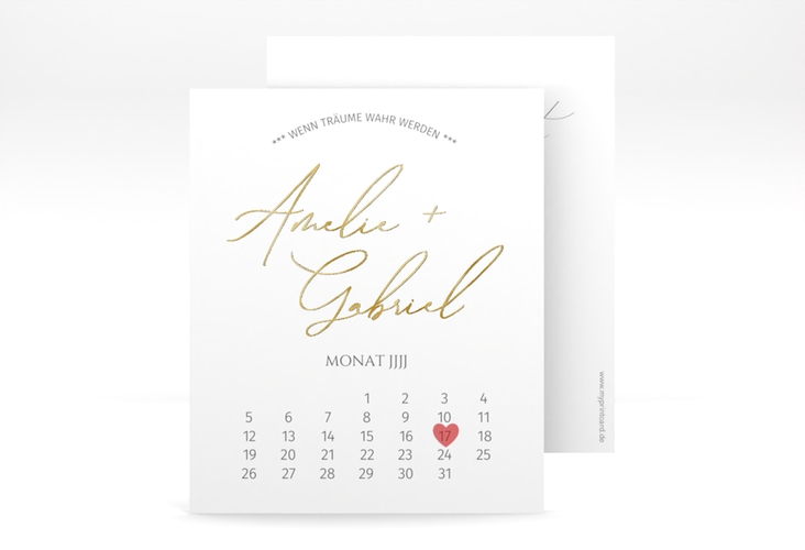 Save the Date-Kalenderblatt Federschrift Kalenderblatt-Karte weiss gold in schlichtem Design mit Kalligrafie