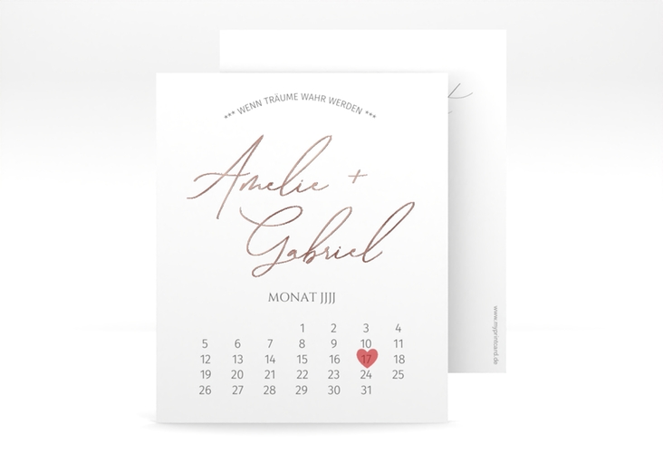 Save the Date-Kalenderblatt Federschrift Kalenderblatt-Karte weiss rosegold in schlichtem Design mit Kalligrafie