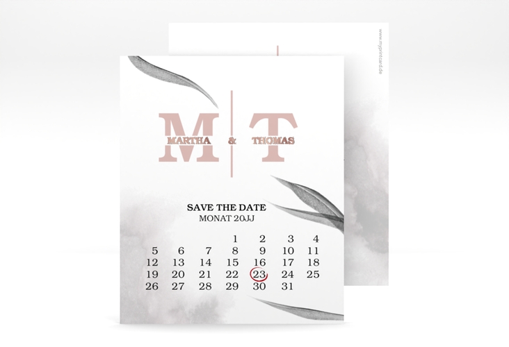 Save the Date-Kalenderblatt Initialen Kalenderblatt-Karte weiss rosegold