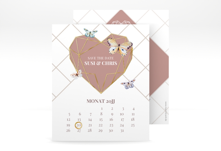 Save the Date-Kalenderblatt Butterfly Kalenderblatt-Karte weiss gold mit Schmetterlingen und Herz im Geometric Design