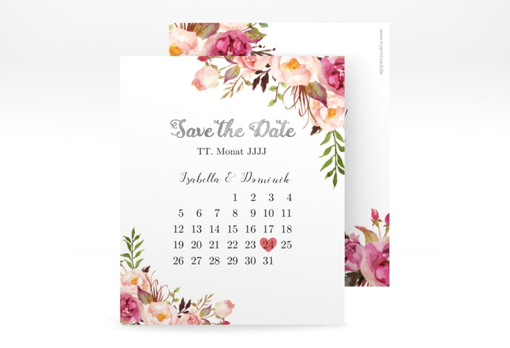 Save the Date-Kalenderblatt Flowers Kalenderblatt-Karte weiss silber mit bunten Aquarell-Blumen