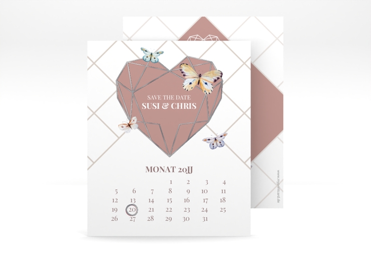 Save the Date-Kalenderblatt Butterfly Kalenderblatt-Karte weiss silber mit Schmetterlingen und Herz im Geometric Design