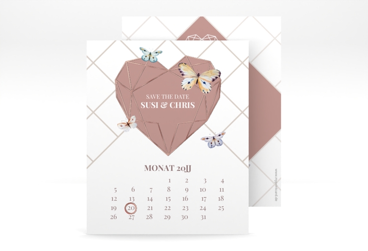 Save the Date-Kalenderblatt Butterfly Kalenderblatt-Karte weiss rosegold mit Schmetterlingen und Herz im Geometric Design