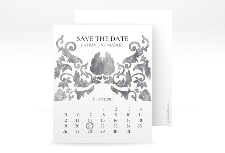 Save the Date-Kalenderblatt Royal Kalenderblatt-Karte weiss silber mit barockem Blumen-Ornament