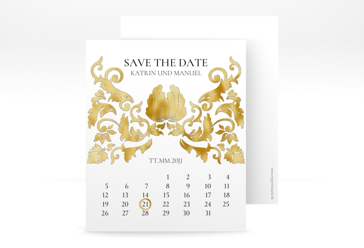 Save the Date-Kalenderblatt Royal Kalenderblatt-Karte weiss gold mit barockem Blumen-Ornament