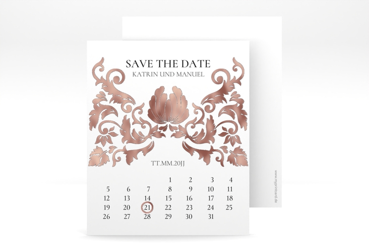 Save the Date-Kalenderblatt Royal Kalenderblatt-Karte weiss rosegold mit barockem Blumen-Ornament