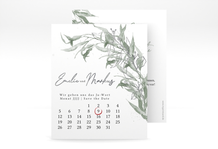 Save the Date-Kalenderblatt Eucalyptus Green Kalenderblatt-Karte weiss silber