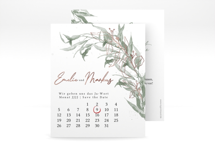 Save the Date-Kalenderblatt Eucalyptus Green Kalenderblatt-Karte weiss rosegold