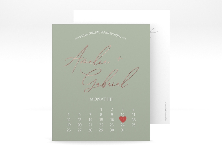 Save the Date-Kalenderblatt Federschrift Kalenderblatt-Karte gruen rosegold in schlichtem Design mit Kalligrafie
