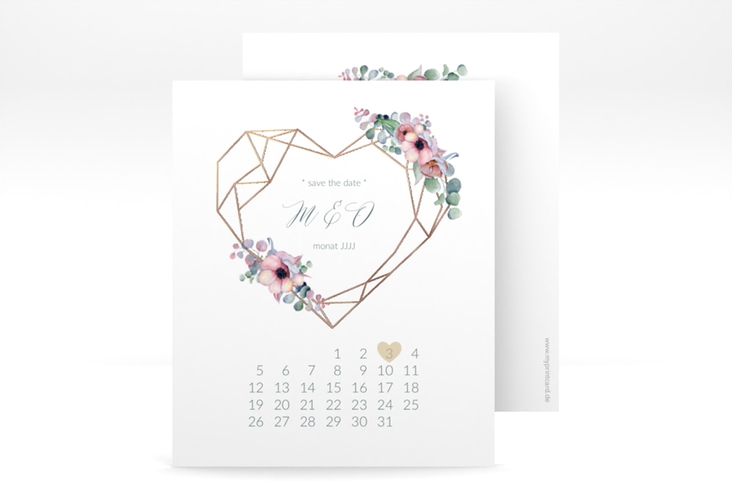 Save the Date-Kalenderblatt Herzgold Kalenderblatt-Karte weiss rosegold