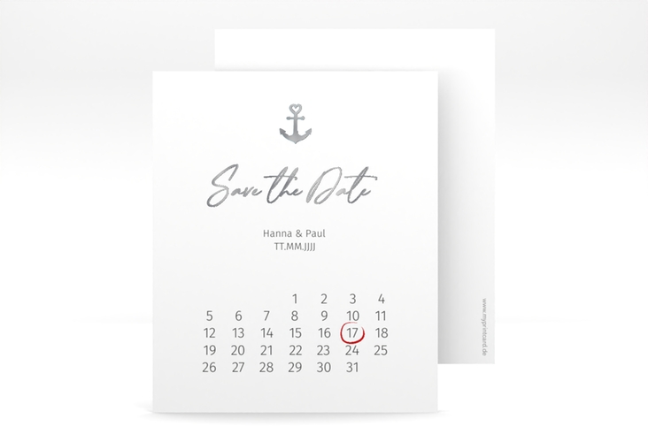 Save the Date-Kalenderblatt Ankerliebe Kalenderblatt-Karte weiss silber im minimalistischen maritimen Design mit Anker