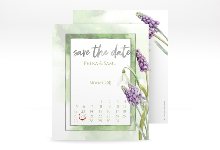 Save the Date-Kalenderblatt Frühling Kalenderblatt-Karte gruen silber mit Frühlingsblumen in Aquarell