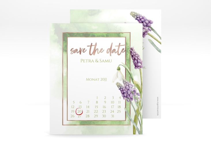 Save the Date-Kalenderblatt Frühling Kalenderblatt-Karte gruen rosegold mit Frühlingsblumen in Aquarell