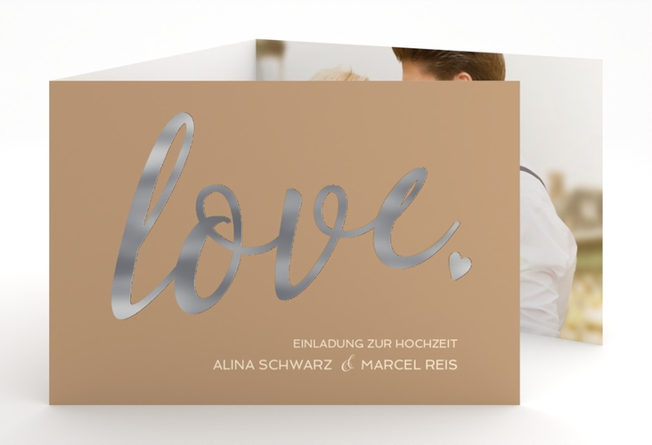 Hochzeitseinladung Glam A6 Doppel-Klappkarte beige silber