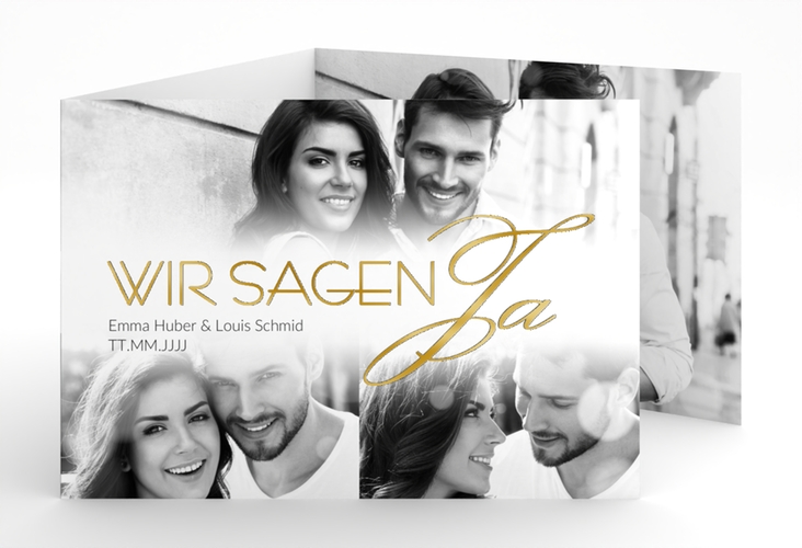 Hochzeitseinladung Bokeh A6 Doppel-Klappkarte weiss gold