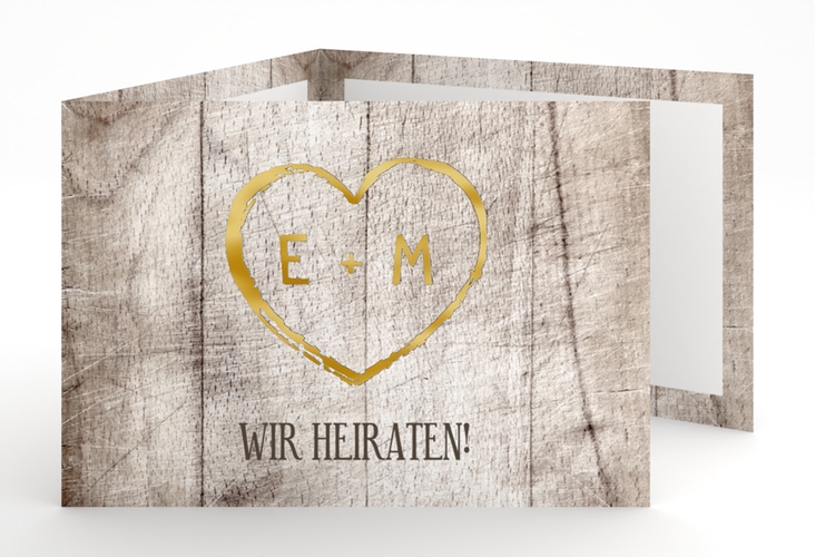 Hochzeitseinladung Wood A6 Doppel-Klappkarte weiss gold