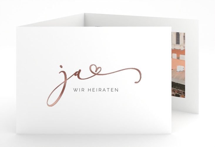 Hochzeitseinladung Jawort A6 Doppel-Klappkarte weiss rosegold modern minimalistisch mit veredelter Aufschrift