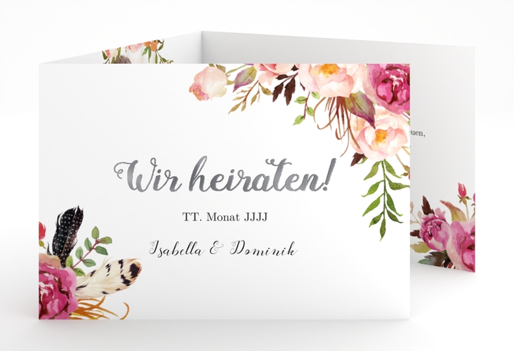 Hochzeitseinladung Flowers A6 Doppel-Klappkarte weiss silber mit bunten Aquarell-Blumen