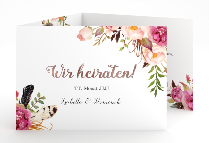 Hochzeitseinladung Flowers A6 Doppel-Klappkarte weiss rosegold mit bunten Aquarell-Blumen