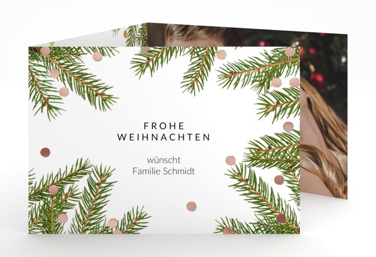 Weihnachtskarte Advent A6 Doppel-Klappkarte weiss rosegold