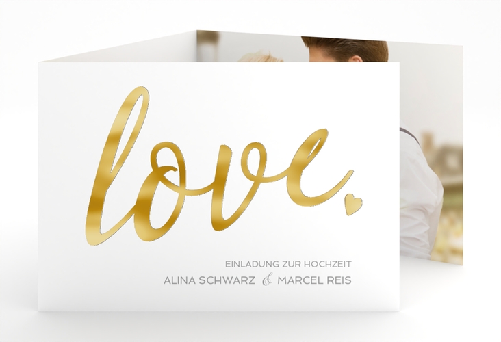 Hochzeitseinladung Glam A6 Doppel-Klappkarte weiss gold