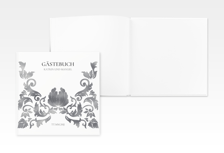 Gästebuch Creation Hochzeit Royal 20 x 20 cm, Hardcover weiss silber mit barockem Blumen-Ornament