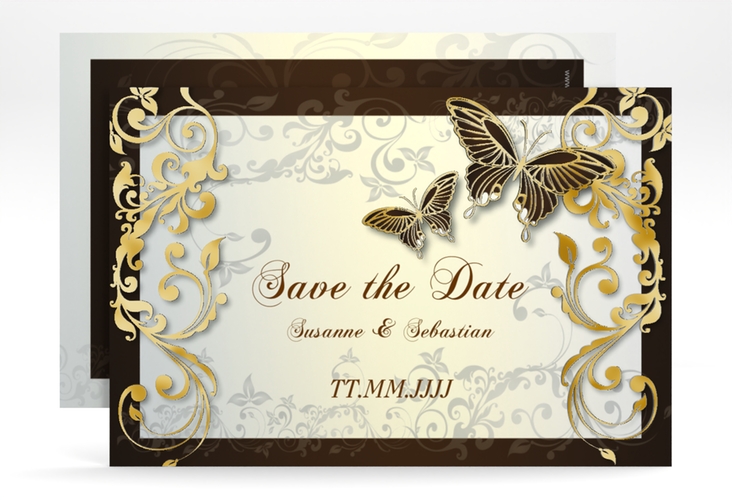 Save the Date-Karte Hochzeit Toulouse A6 Karte quer braun gold romantisch mit Schmetterlingen