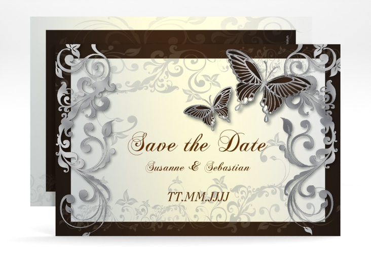 Save the Date-Karte Hochzeit Toulouse A6 Karte quer braun silber romantisch mit Schmetterlingen