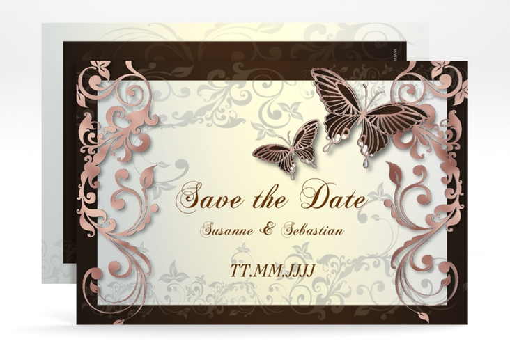 Save the Date-Karte Hochzeit Toulouse A6 Karte quer braun rosegold romantisch mit Schmetterlingen