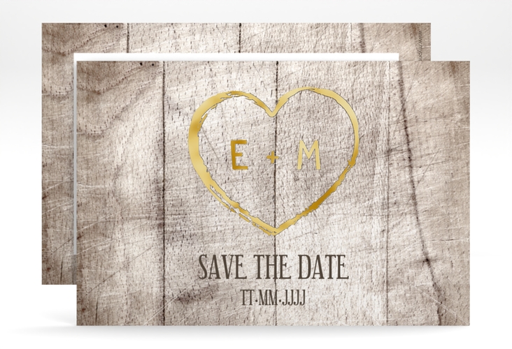 Save the Date-Karte Wood A6 Karte quer weiss gold in Holz-Optik mit Herz und Initialen