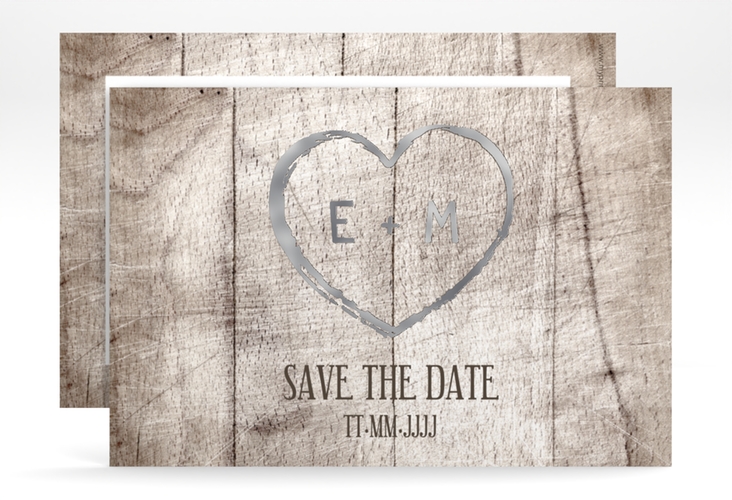 Save the Date-Karte Wood A6 Karte quer weiss silber in Holz-Optik mit Herz und Initialen