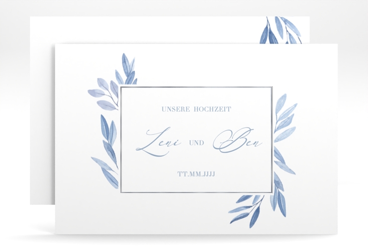 Save the Date-Karte Classicblue A6 Karte quer weiss silber