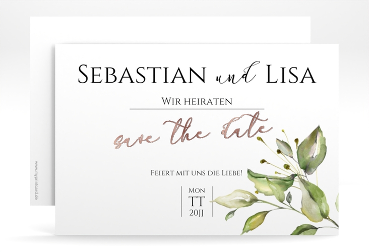 Save the Date-Karte Leaves A6 Karte quer weiss rosegold