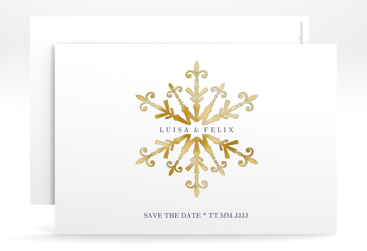 Save the Date-KarteCrystal A6 Karte quer weiss gold mit Eiskristall