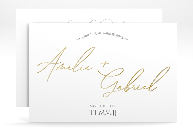 Save the Date-Karte Federschrift A6 Karte quer weiss gold in schlichtem Design mit Kalligrafie