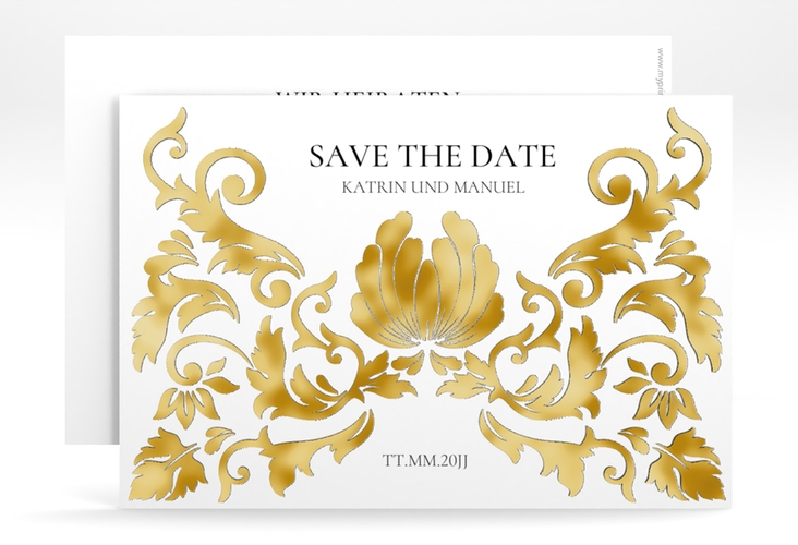 Save the Date-Karte Royal A6 Karte quer weiss gold mit barockem Blumen-Ornament